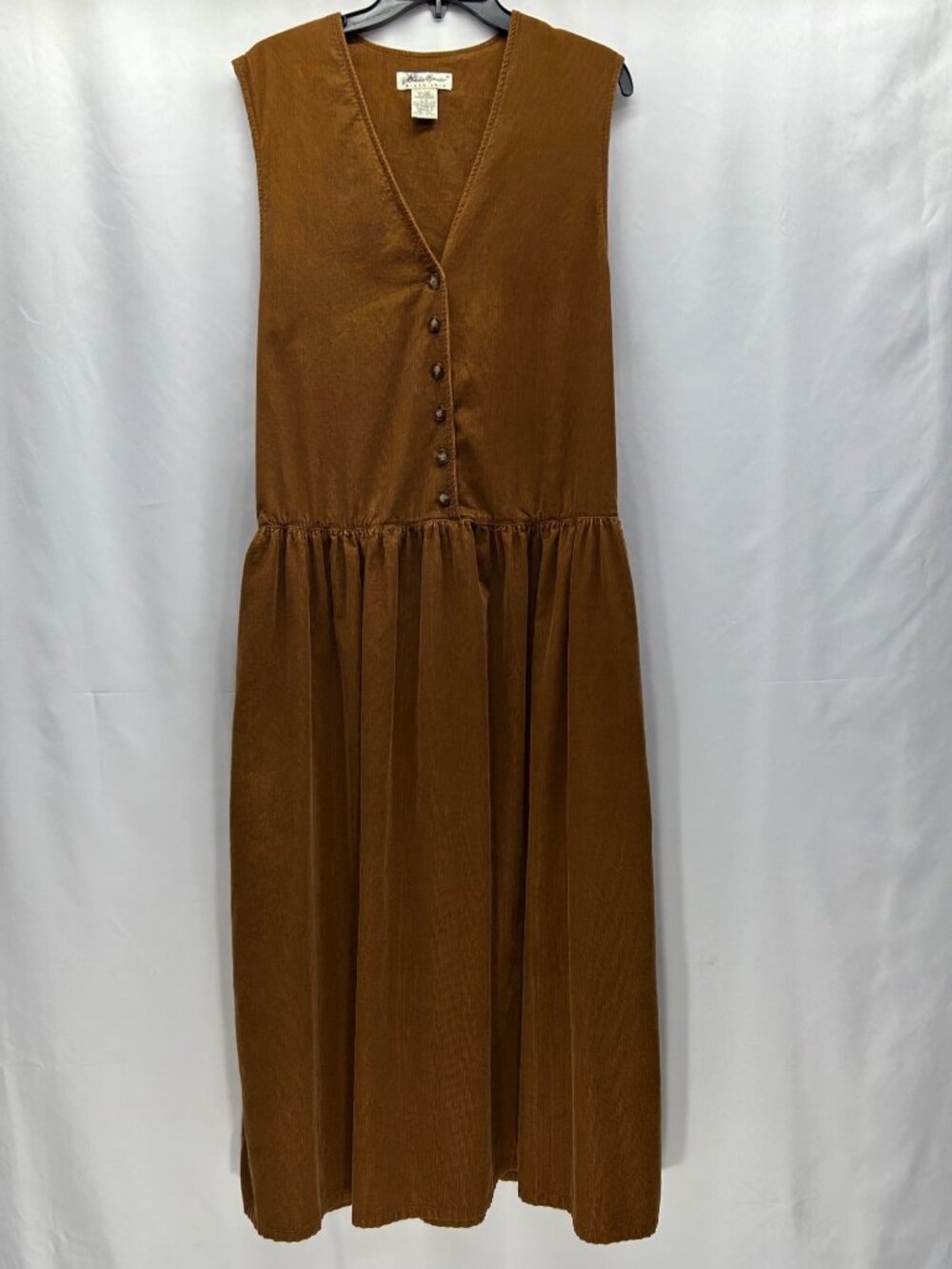 Vintage Eddie Bauer Brown Corduroy Sleeveless Button-Front Midi Dress Womens L - Picture 1 of 16